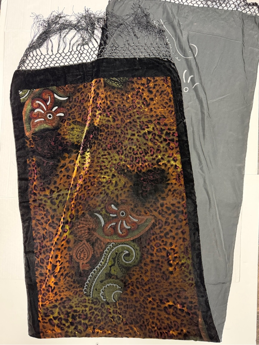 Velvet Paisley & Leopard Print Scarf in Burnt Orange, Olive & Black Silk/Rayon